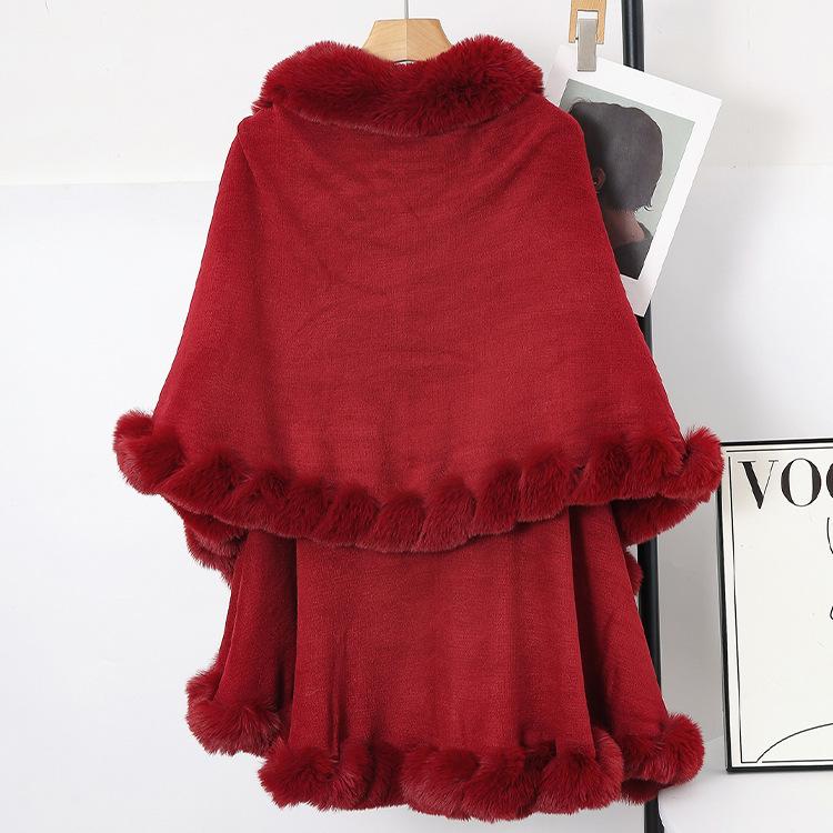Women Double‑Layer Faux Fur Trim Poncho Shawl Winter Warm Open Front Cape Outerwear