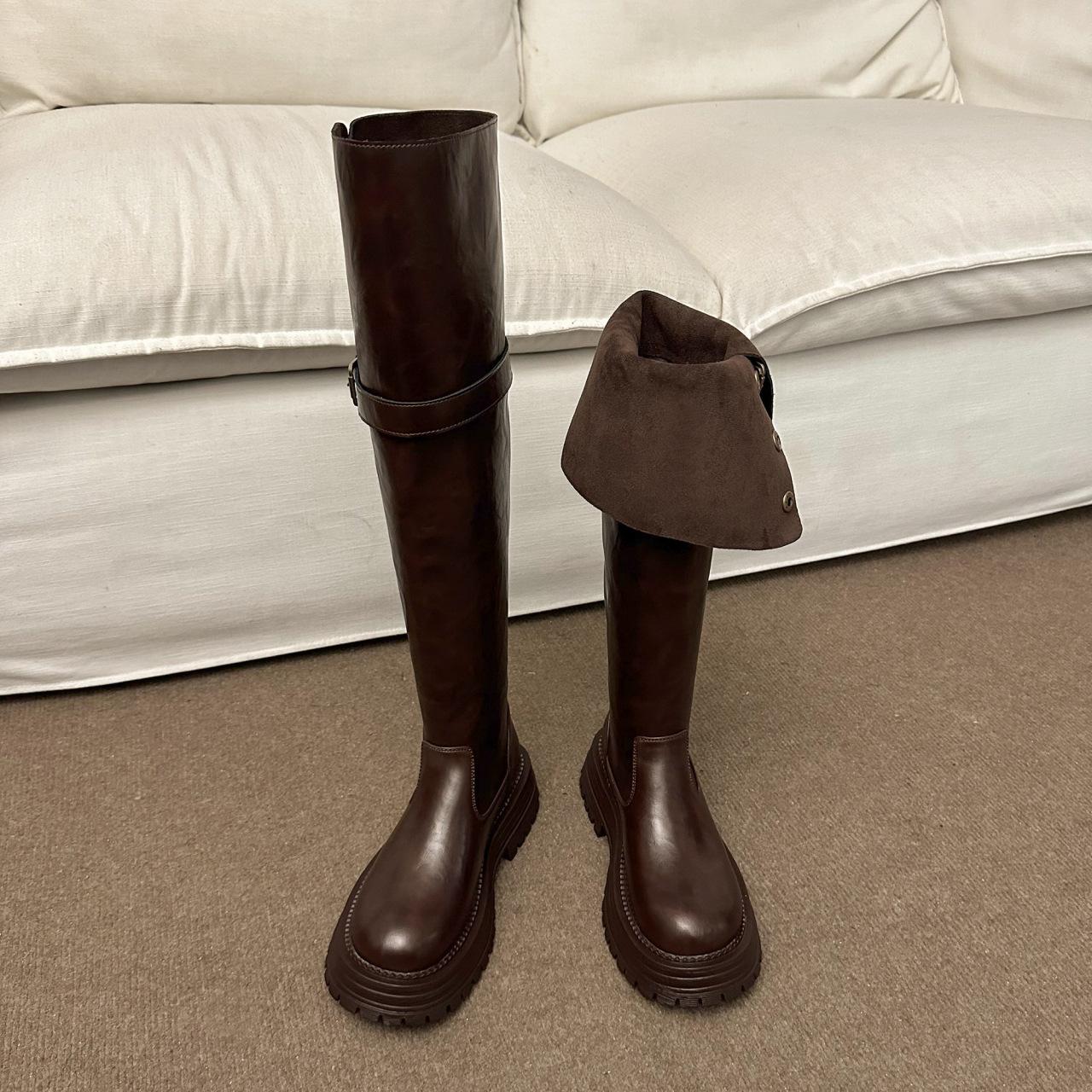 

New product Fuji orange, thick-soled two-worn knee boots for women s 2025 autumn and winter new models to increase height and look thin, folded bo 40 коричневый