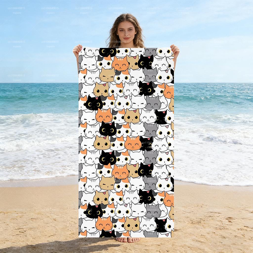 

Cute Full Print Cartoon Cat Heads Beach Towel, Super Absorbent Quick Dry Towel for Swimming Pool Travel Vacation W40*H60(CM)