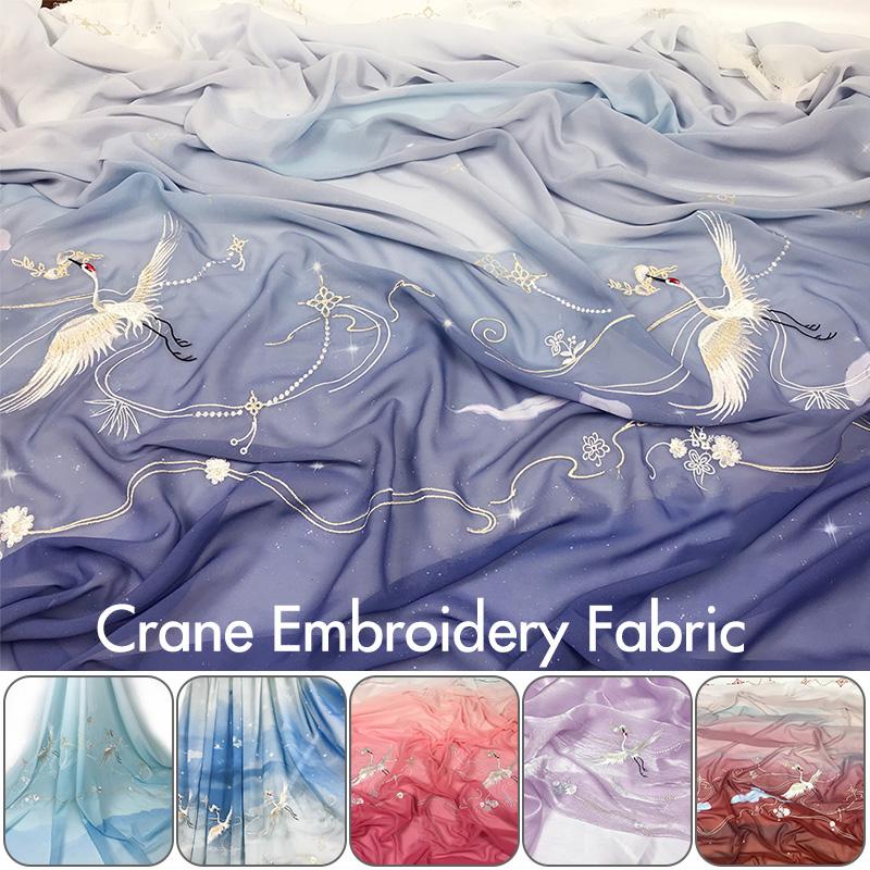 1/3/5M Chinese Retro Crane Embroidered Chiffon Fabric Gradient Ancient Style Landscape Printed Fabric For Diy Sewing Hanfu Dress