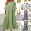 Women Summer Dress O Neck Loose A-line Short Sleeves Solid Color Pockets Button Decor Pleated Mid-calf Length Midi Dress