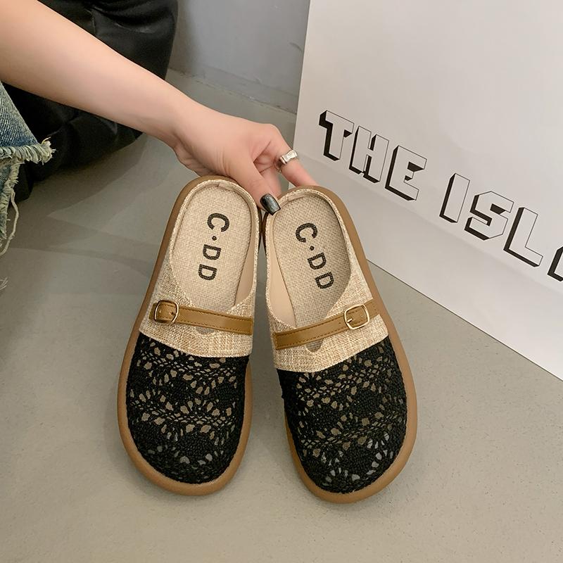 Fashion Breathable Weaving Hollow Out Women's Slippers Summer Flat Casual Mueller Shoes 2025 Women Linen Versatile Half Slides