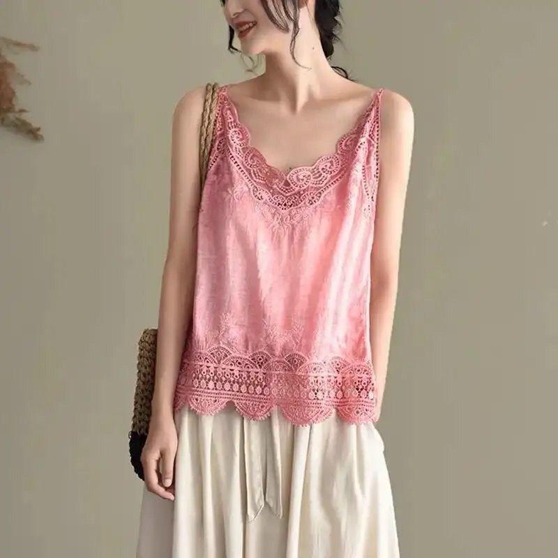 Sommer Retro Baumwolle und Leinen Camisole Künstlerisch Schlicht Dünn Vielseitiges Basic-Shirt Waldspitze Weste für Damen