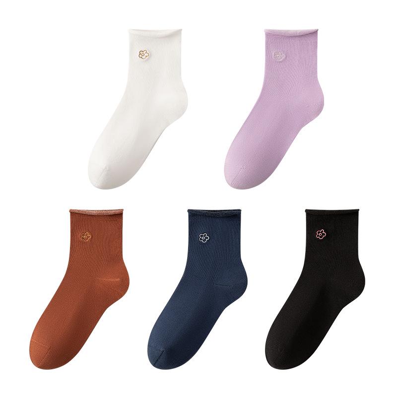 Female Autumn Lovely Flower Embroidery 10A Class Antibacterial Deodorant Roll Edge Loose Boneless Tube Socks