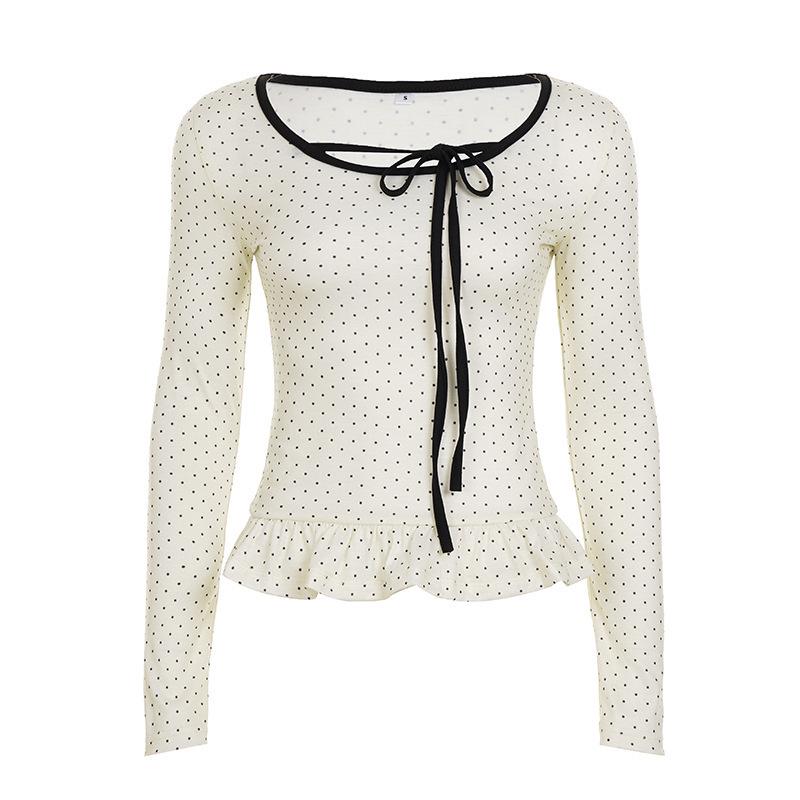 2025 Spring French Style Polka Dot Ruffle Trim Tie-Up Slim Fit Top for Women