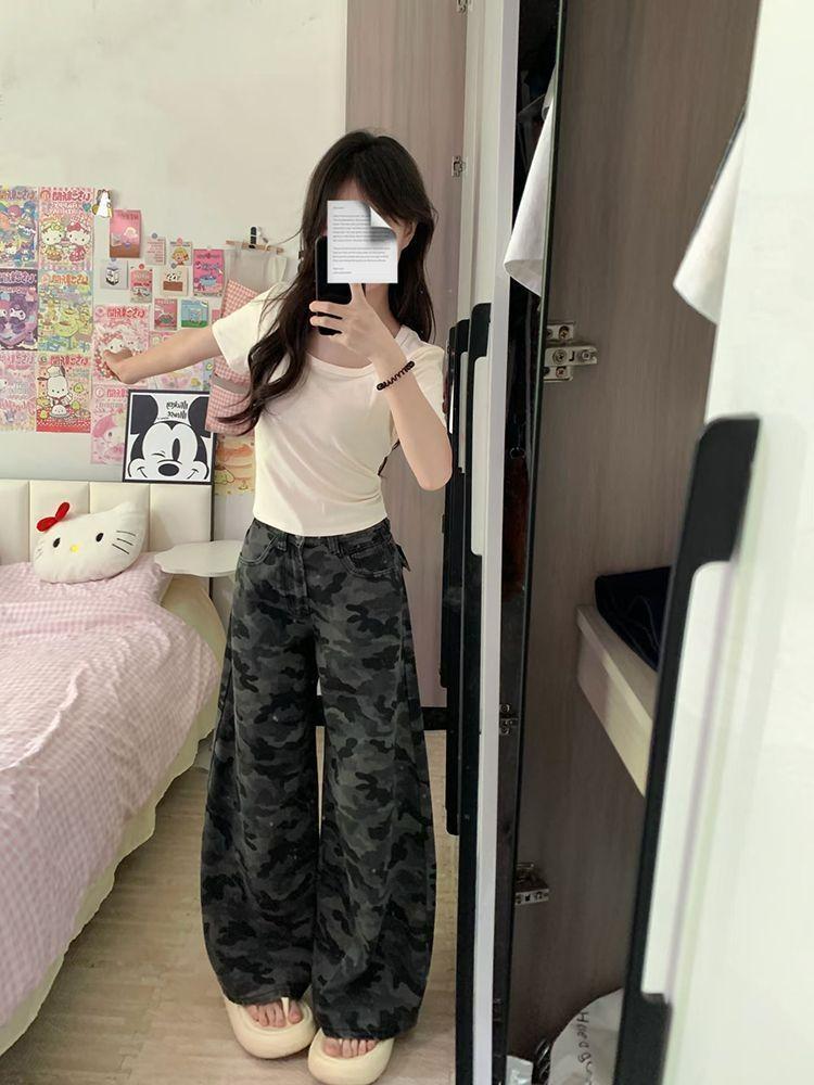 Comfortable Spring and Autumn Work Trousers Female Loose Wide Leg Trousers Draped Straight Camouflage Sports Casual Denim Trousers Long Denim Pants