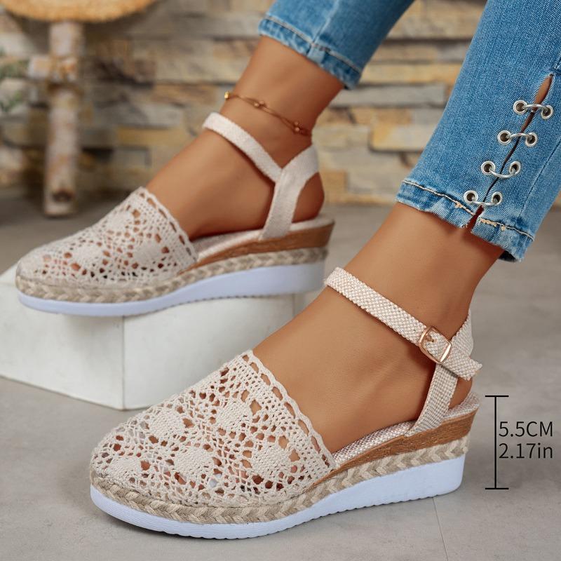 Damen Römersandalen mit geschlossenem Zeh, geflochtenem Keilabsatz, zum Hineinschlüpfen, rutschfeste Sommerschuhe