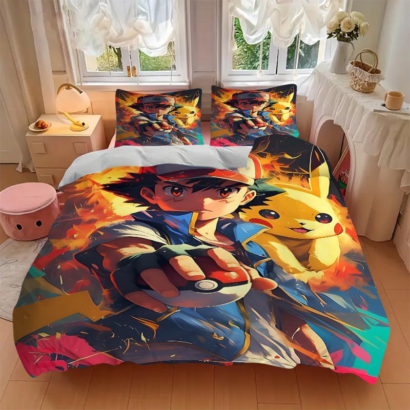 3pcs Bedding Set Pokemon Trainer Pikachu Includes 1 Comforter + 2 Pillowcases, Without Pillow Inserts, Soft Comfortable, Lightweight Breatha