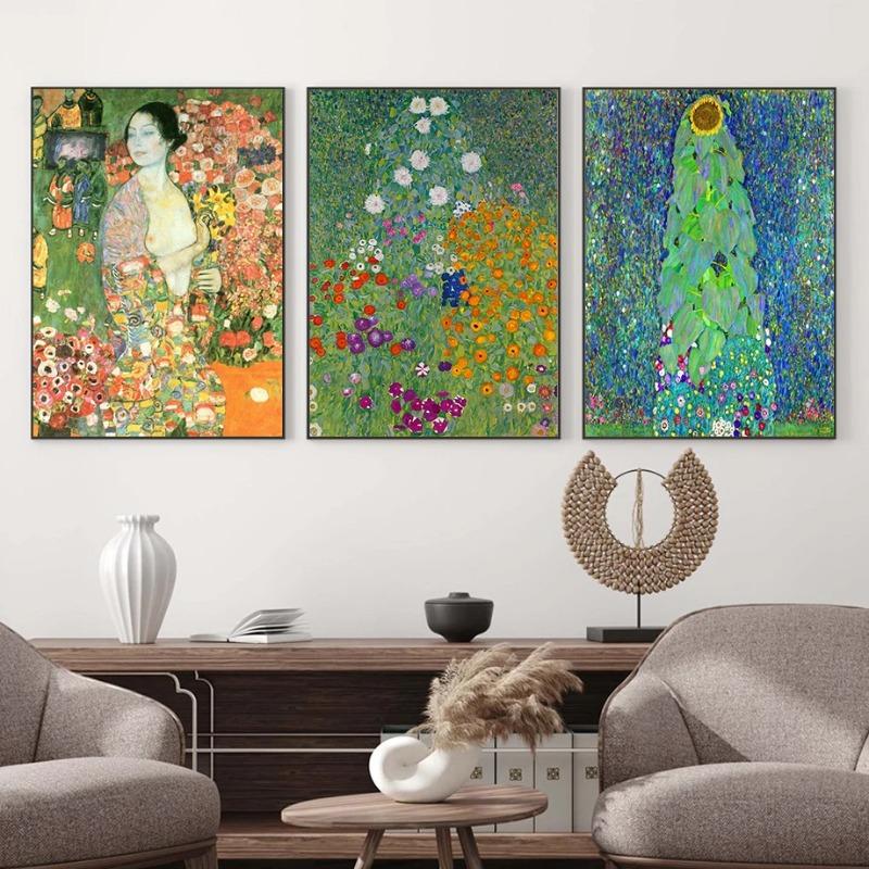 Gustav Klimt Green Flower Garden Flora Lady Wall Art Canvas Painting Nordic Poster and Prints Wall Picture for Living Room Decor