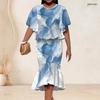 Women Plus Size Off White Blue Beige Printed Round Neck Batwing Sleeve Ruffle Hem Top Fishtail Skirt Two Piece Set