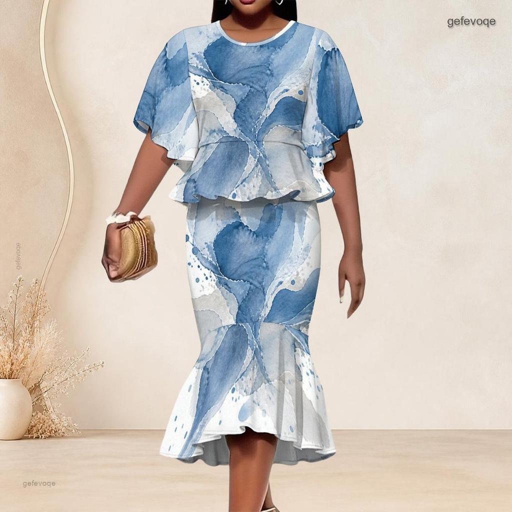 Women Plus Size Off White Blue Beige Printed Round Neck Batwing Sleeve Ruffle Hem Top Fishtail Skirt Two Piece Set