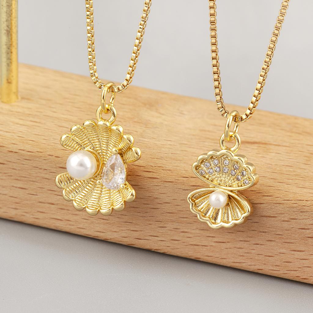 Nidin Elegant Shell Shape Inlaid Pearl Zircon Pendant Necklace For Women Female Compact Exquisite Clavicle Chain Jewelry Gifts