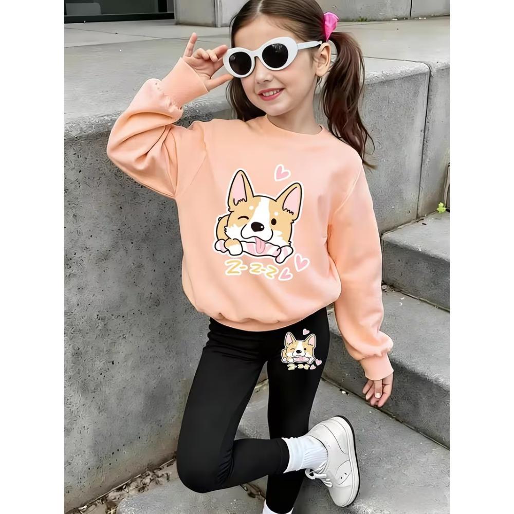 Girls' Cute Corgi Casual Comfortable Soft Loose Pullover Sweatshirt and Leggings 2-Piece Set, New Autumn/Winter, Playful, Sweet and Cool Style
