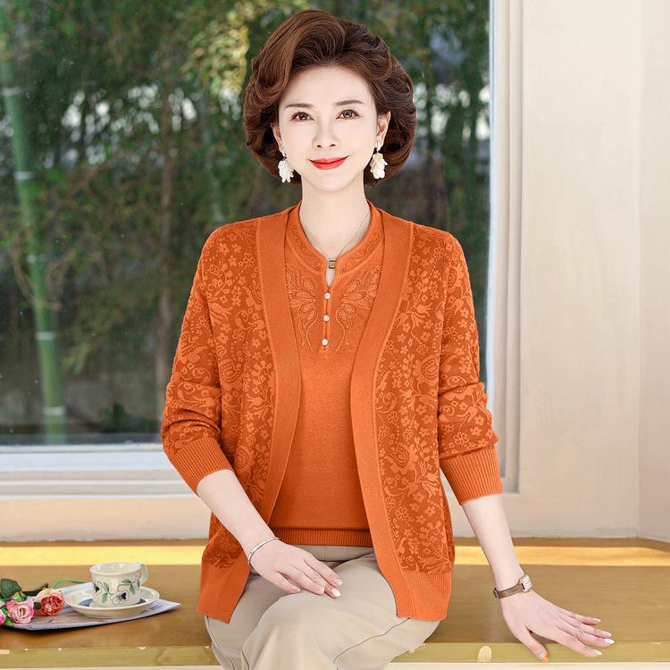 Spring and Autumn Thin Knitted Sweater Two-piece Set Mom Large Size Outer Cardigan New Mom Wear