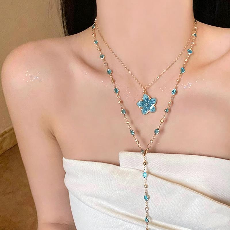 Flower Pendant Layered Necklace Gold Plated Colorful Chain Choker Y2K Aesthetic Jewelry For Women