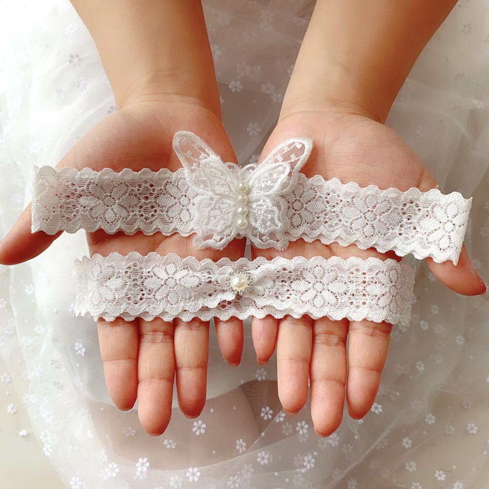 White Lace Garters Set Wedding Bride Garters Butterfly Pearls Garters Belt Bridal Leg Band for Women Wedding Party