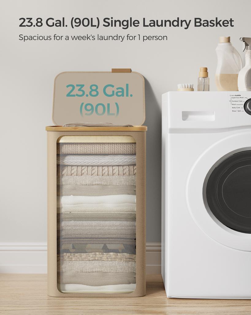SONGMICS Laundry Basket with Lid, Large Laundry Hamper, 90L, Removable Mesh Liner, Oxford Fabric, Bamboo Handles, Collapsible, 42 x 32 x 70.5 cm