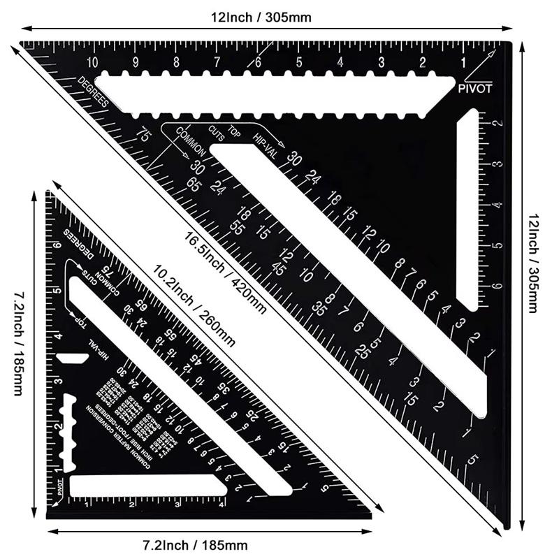 7'' /12" Triangle Ruler Carpenter Measuring Layout Tool Metric Alloy Metal Triangle Ruler Protractor for Woodworking Tools
