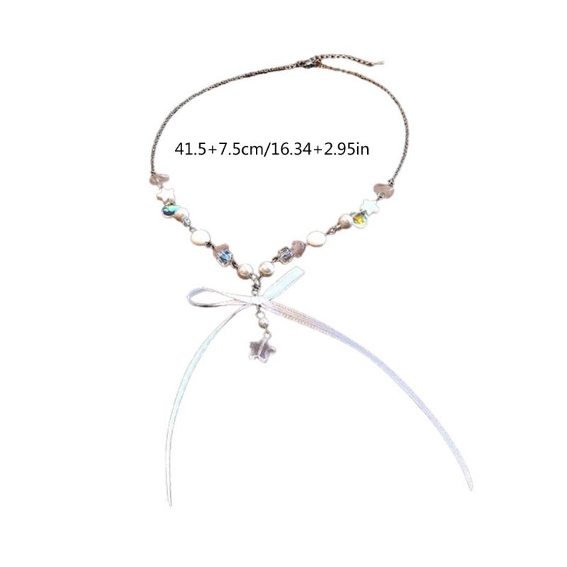 Bohemian Neckchain Bow Beaded Necklace Bowknot Star Pendant Clavicle Chain French Style Collarbone Chain for Women Girls