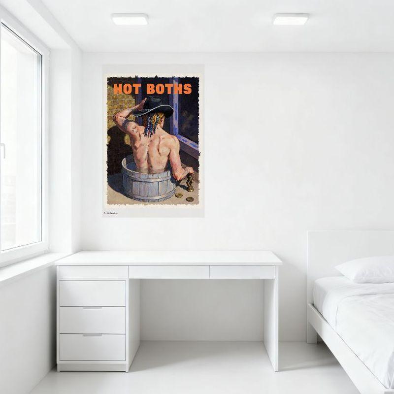 Sexy Shirtless Man with Blue Braids & Tattoos In Wooden Barrel Hot Tub - Retro Vintage Style Tin Sign for Wall Decor