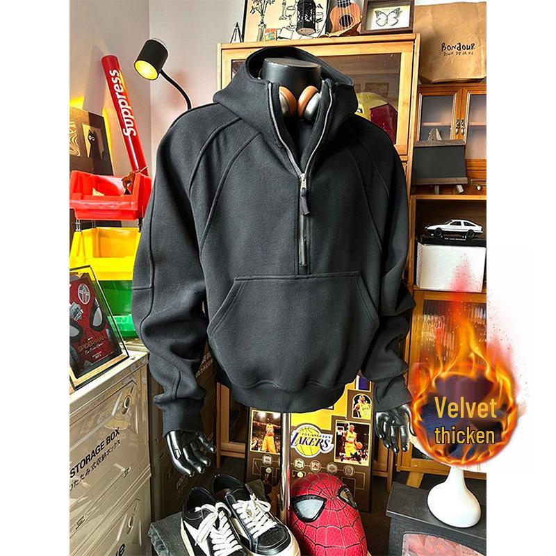 Herren Trendy Herbst Schwere Kapuzenjacke mit Stehkragen und halbem Reißverschluss mit Samtfutter