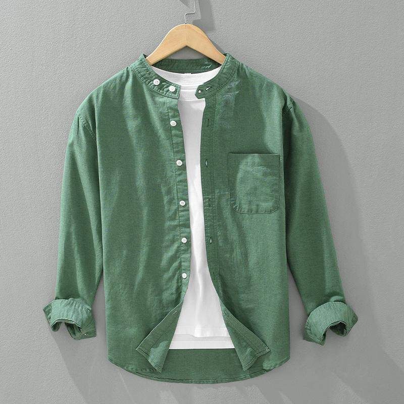 Japanese-Style Casual Cotton-Linen Stand-Collar Long-Sleeve Shirt for Men, Loose and Breathable Linen Top for Spring and Autumn