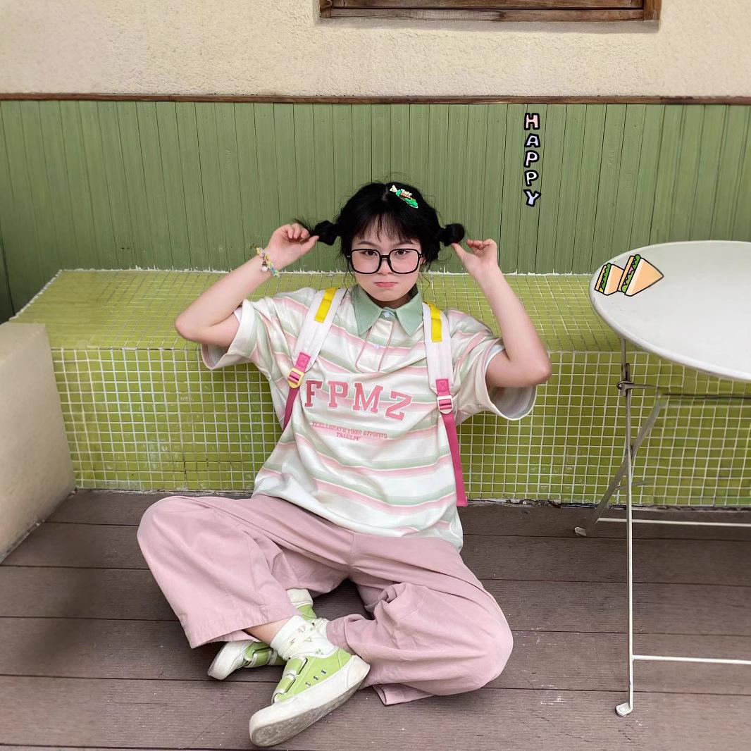 

Preppy Striped Polo Shirt - Women’s Casual Summer Short Sleeve Top M (under 100 jin)