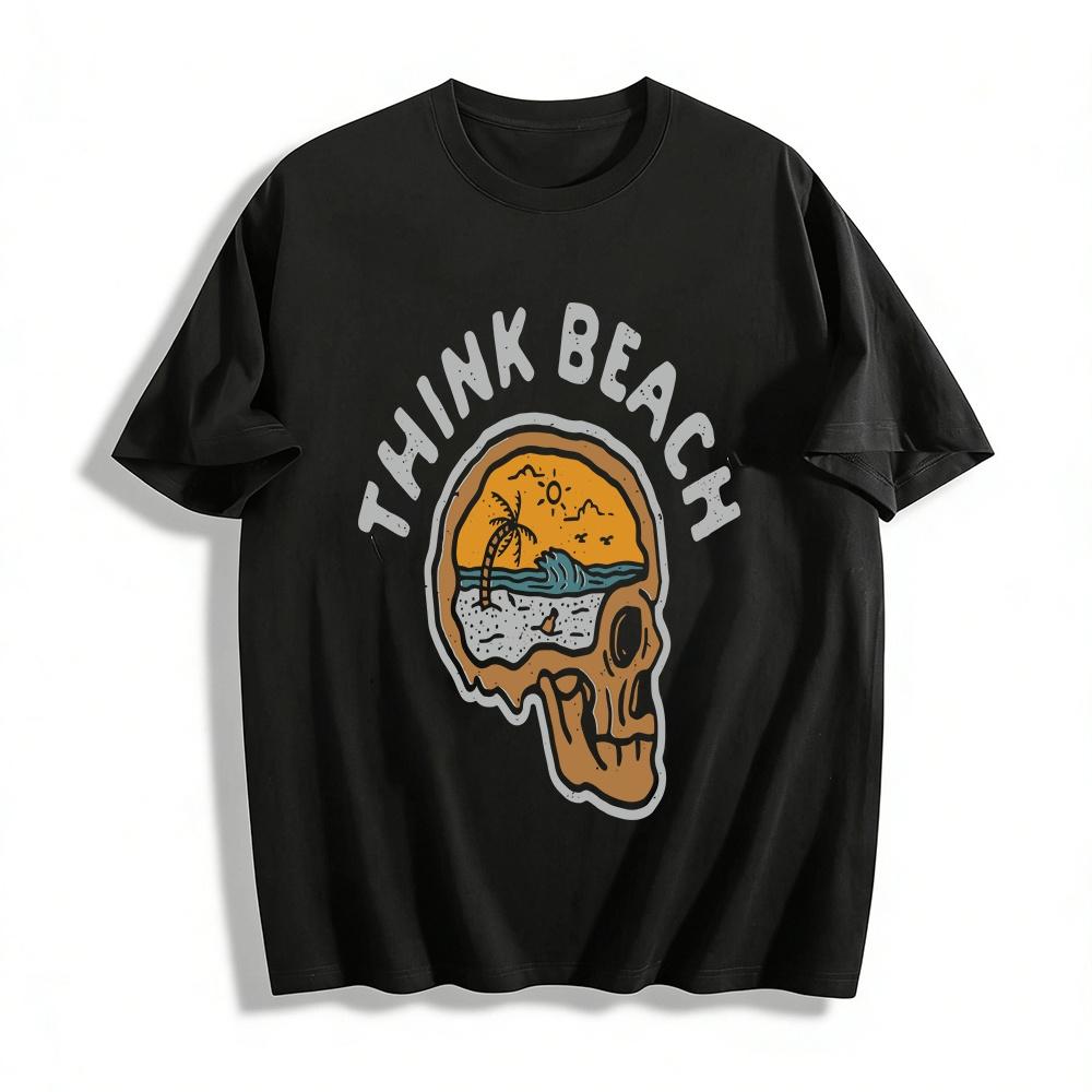 

Vintage Beach Skull Print Casual Tee Vacation Style Loose Breathable Top Pure cotton T-shirt XXS