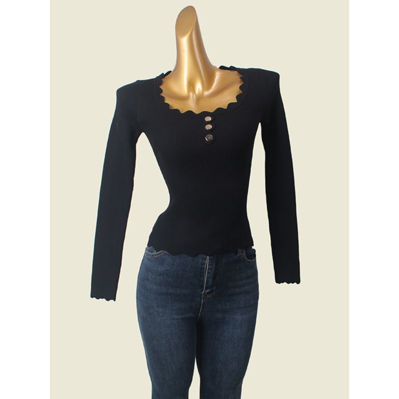Collar Slim Fit Slimming Long Sleeves Bottoming Shirt Foreign Trade Original Order Sexy Metal Buckle Clavicle Beauty Autumn Knitted Inner Match