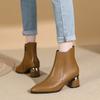 New French Short Boots Women's Spring and Autumn British Style Thick Heel Pointed Middle Heel Leather Boots