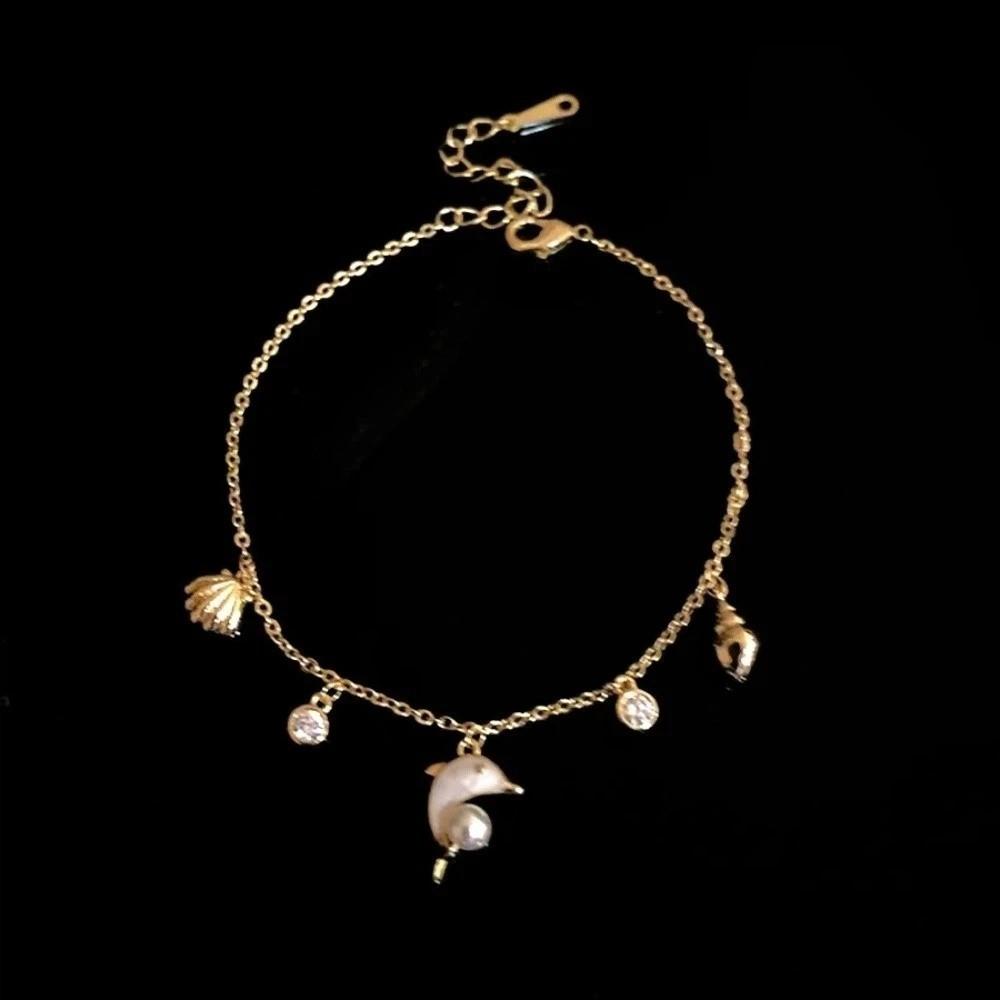 Sea Series Metal Shell Dolphin Bracelet Imitation Pearl Beach Hand Chain  Couple Gift