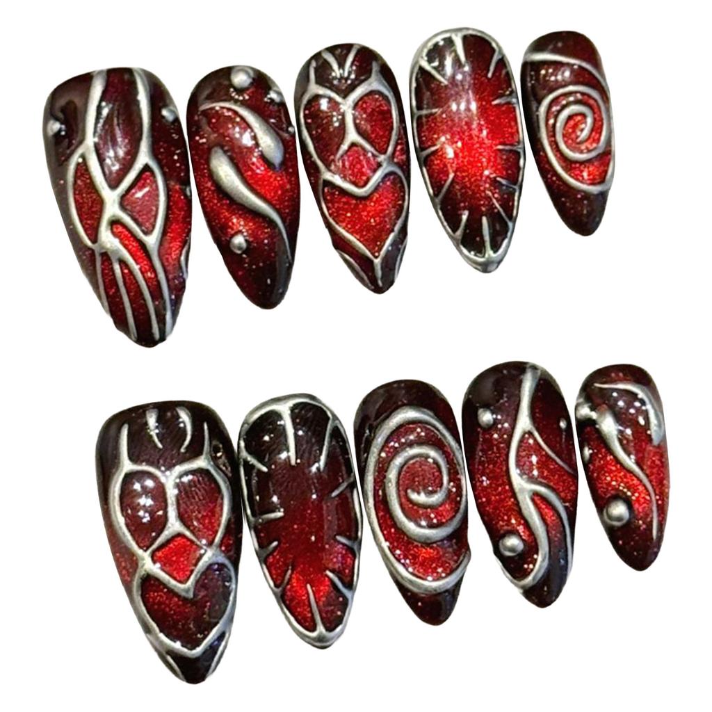 10Pcs Press On Nails Red Brown Almond 3D Heart Texture Matte Finish Reusable False Nails for Women