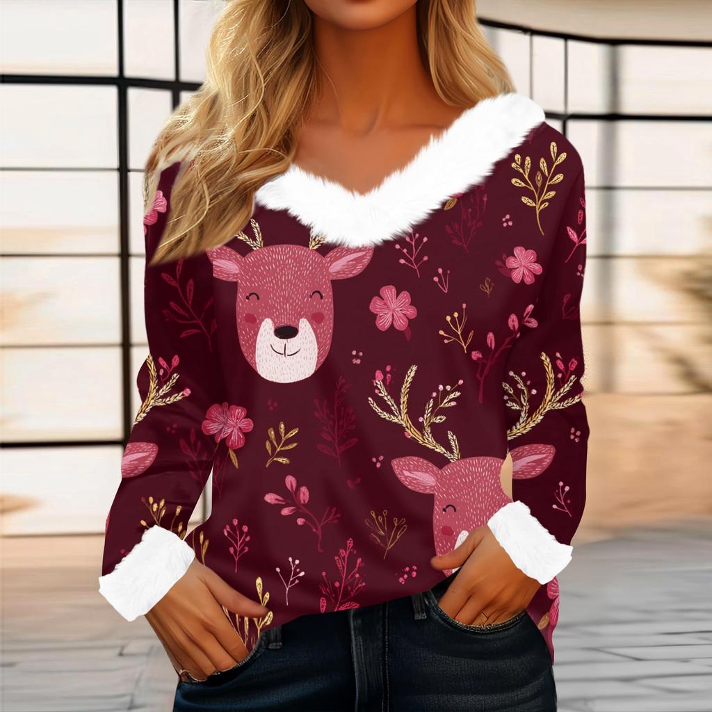 Women's Casual Fashion Long Sleeve Christmas Printed Flannel Collar Top