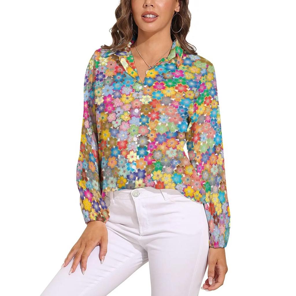 Helle Flower Power Bluse Retro Hippie Blumen Trendige Bedruckte Blusen Damen Langarm Freizeithemden Frühling Übergroße Kleidung