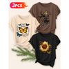 Three-piece Set Elegant Short-sleeved Shirt for Women Butterfly and Sunflower Print Round Neck Women's T Shirt Suitable for Spring