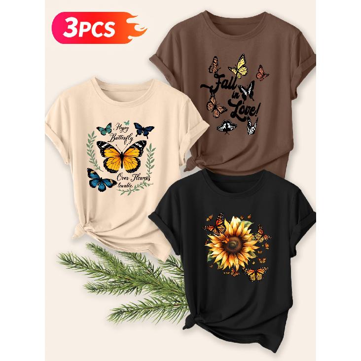 Three-piece Set Elegant Short-sleeved Shirt for Women Butterfly and Sunflower Print Round Neck Women's T Shirt Suitable for Spring