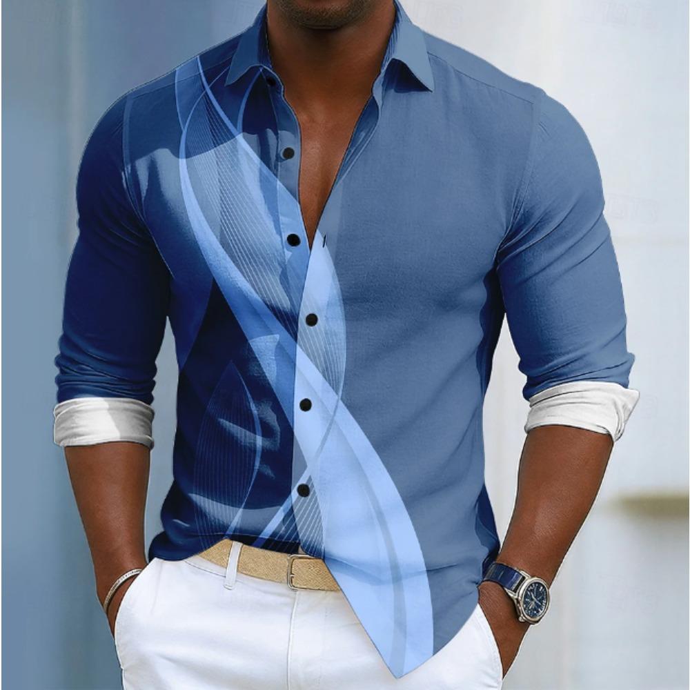 Men's Geometric Pattern Printed Long Sleeve Shirts Casual Cardigan New Button Holiday Fashion Shirts