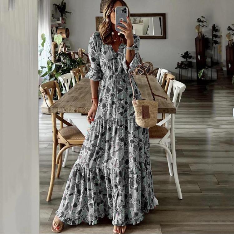 Elegant Vacation Swing Style 2025 New Summer Women V Neck Printed Long Dress