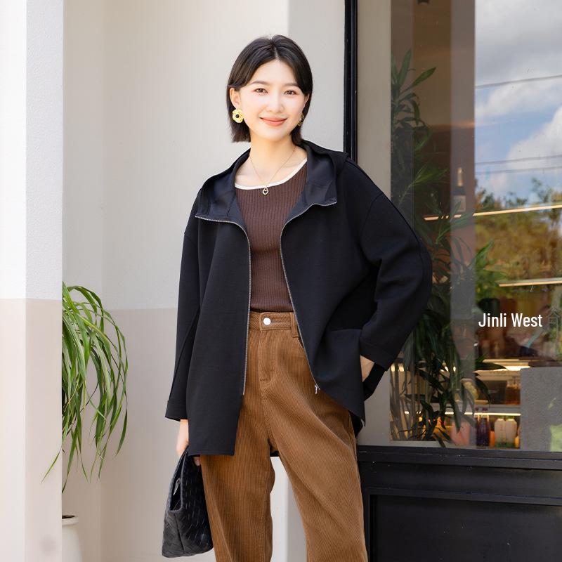 

YUN Women s Medium-Long Wool Coat 2025 - New Design Commuter Loose Cardigan with Zipper L (105-120 lbs) чёрный