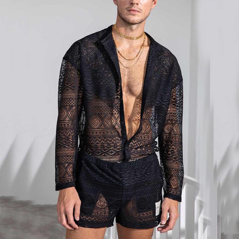 Hollow Out Sexy Lace Suit Fashion Long Sleeve Shirt Casual Shorts Men'S Clothing Suit Solid Color Matching Summer Suit for Male