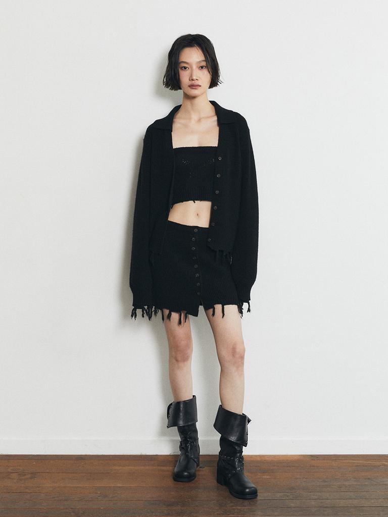 HALF DEVIL US Knit V-Neck Collared Cardigan_Black