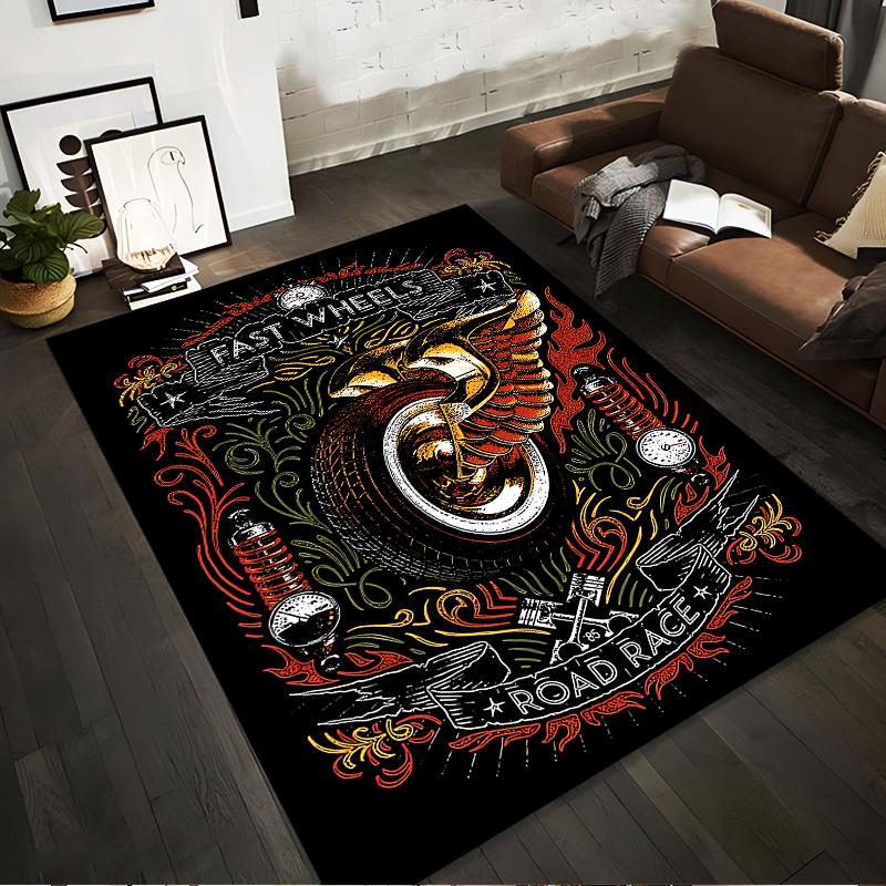 

Motorcycle Themed Rug with Fast Wheels and Road Race Design Suitable for use as an anti-slip for living room bedroom sofas 40x60cm( 15x23in )