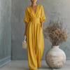 2026 Womens Solid Color V-Neck Jumpsuit High-Waisted Wide-Leg Slim Fit Long Sleeve Lightweight Office Chic