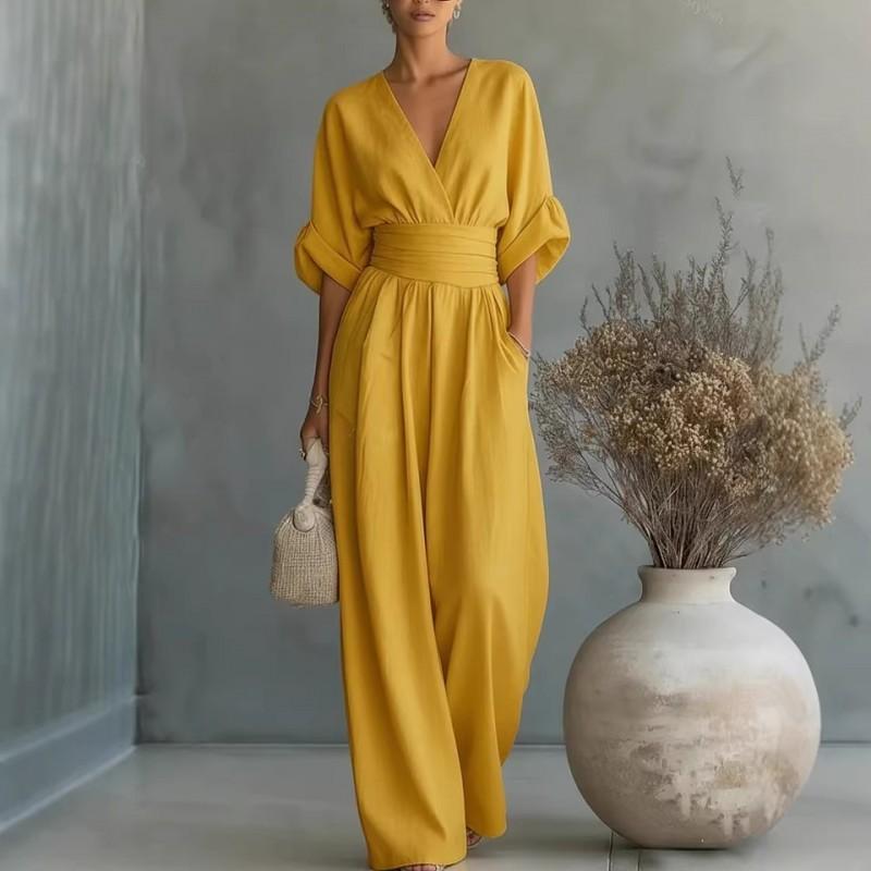 2026 Womens Solid Color V-Neck Jumpsuit High-Waisted Wide-Leg Slim Fit Long Sleeve Lightweight Office Chic