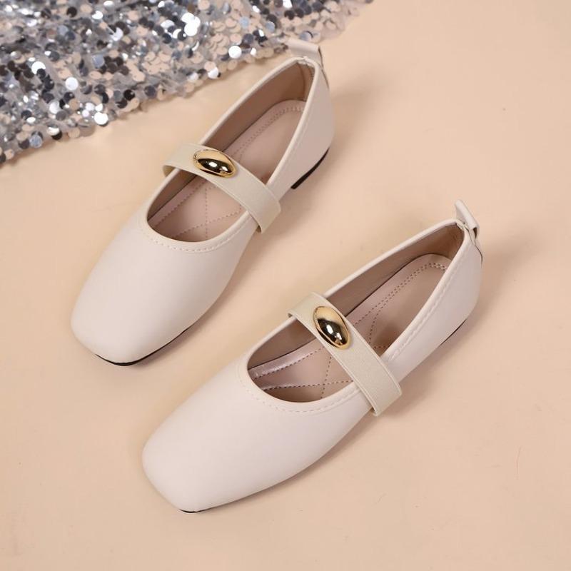 Fashion Spring Genuine Leather Ballet Shoes Women's Round Toe Flat Single Shoes Golden Buckle Lazy Loafers One Word Band Mary Jane Shoes