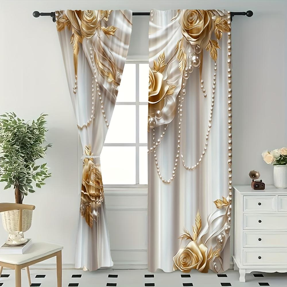 Set Of 2 Elegant Flat Gold Vintage Print Curtains Dining Room Bedroom Living Curtain With Rod Pocket Polyester Perfect For Great