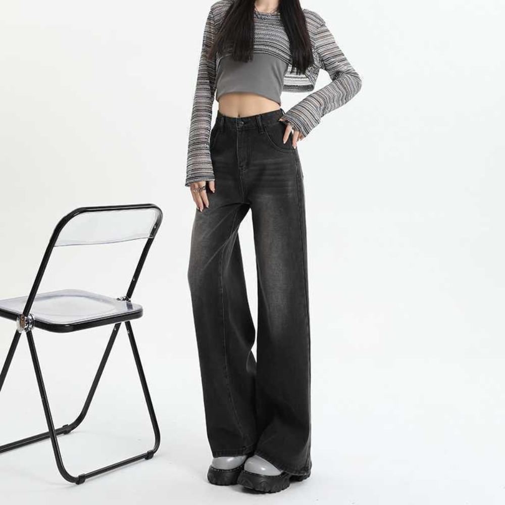 Women's High Rise Wide Leg Jeans Loose Vintage Washed Denim Non-Stretch Spring Trousers