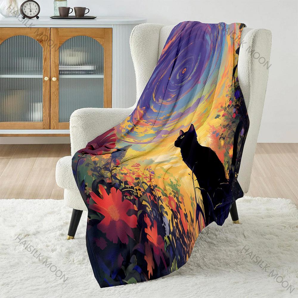 1pz Gatto Nero Cielo Notturno Cartone Animato Arte Coperta Calda Morbida Soffice Bambini Adulti Regali di Lusso per Divano Letto Casa Esterno Viaggio Campeggio