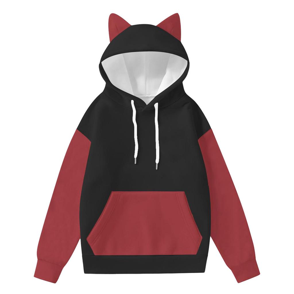 Women's Fashion Long-Sleeved Color-Blocked Printed Hooded Sweatshirt With Ears