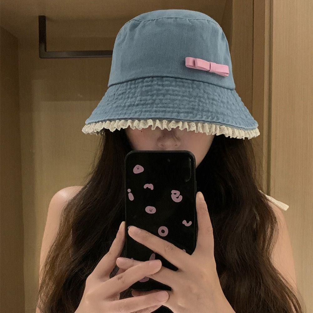 Y2K Denim Bucket Hat Big Brimmed Bow Sunscreen Hat Fashion Lace Fisherman Hat  Climbing